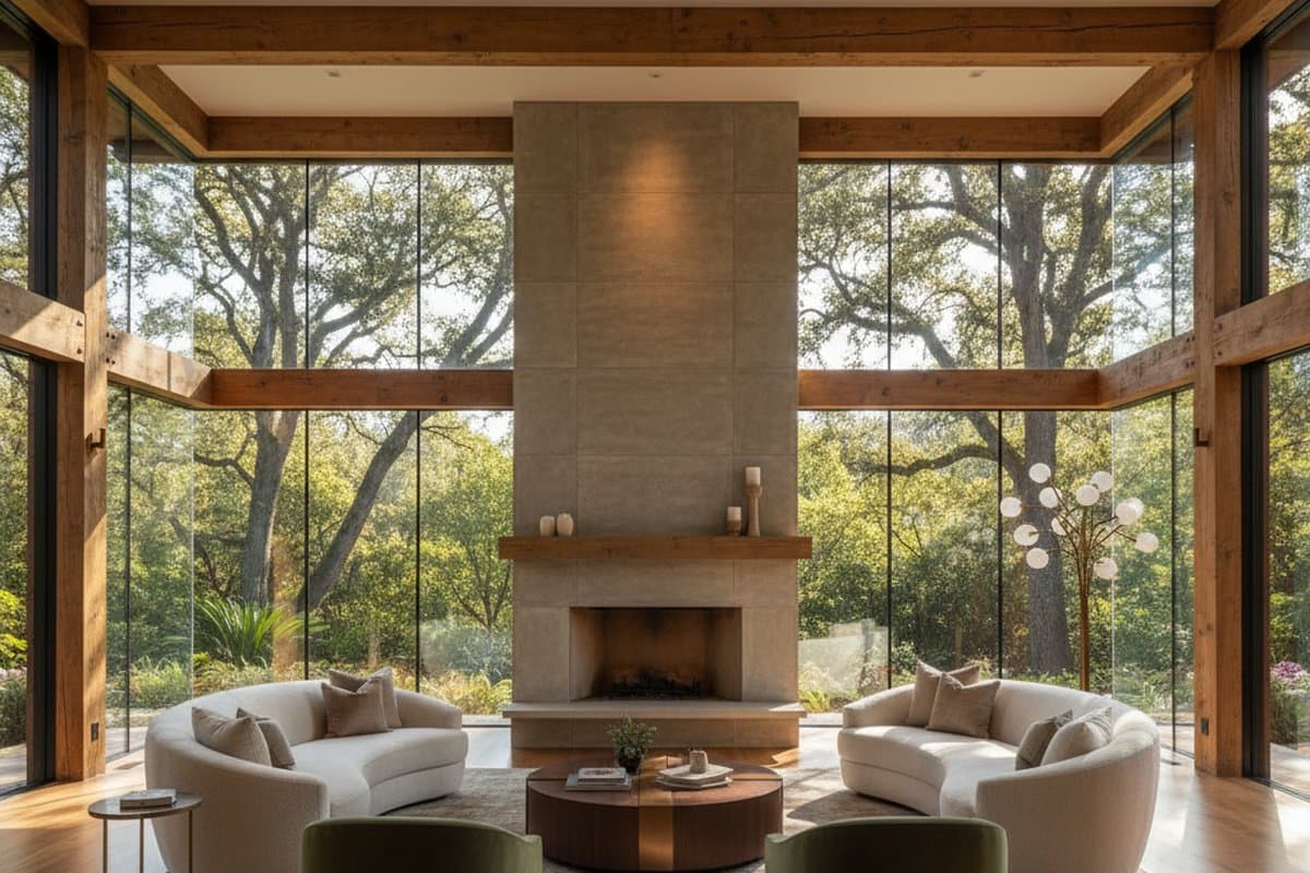 Atherton estate double-height living room — timber beams and floor-to-ceiling windows