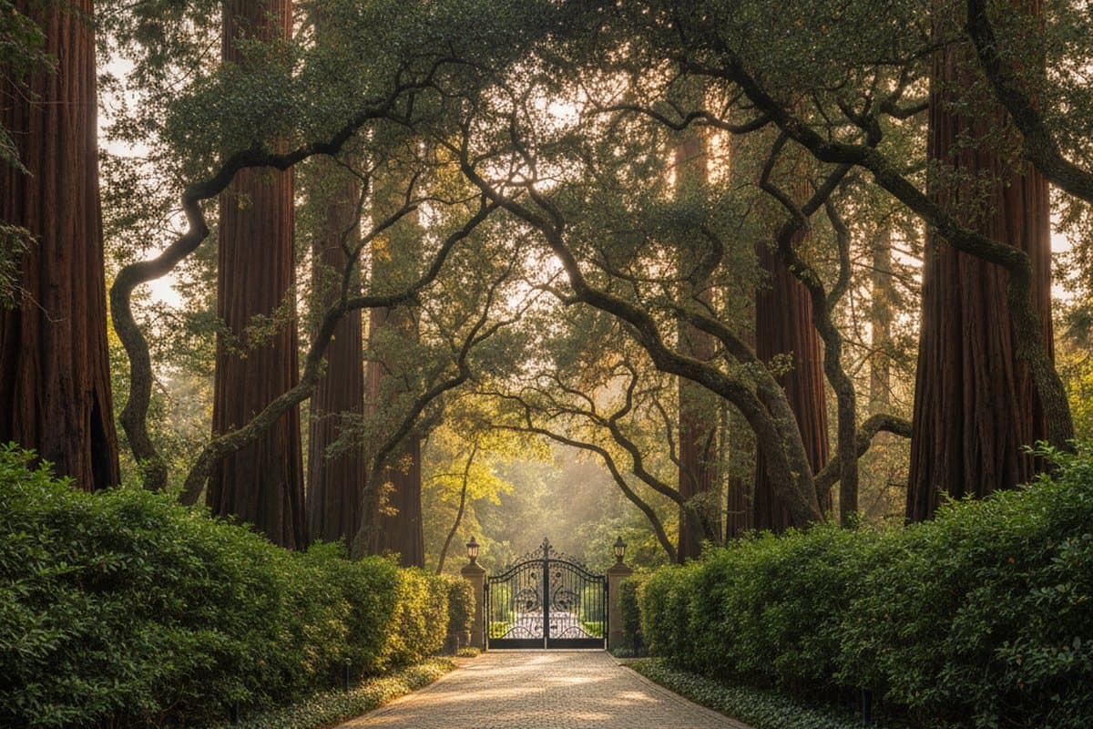 Atherton private driveway — iron gate framed by Redwood and oak canopy