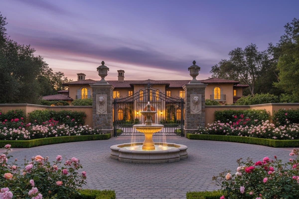 West Atherton Mediterranean estate entrance — motor court and fountain