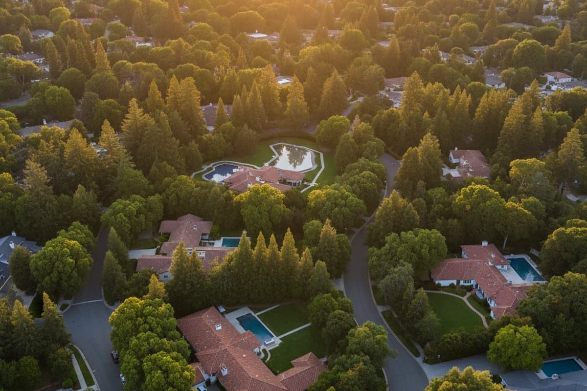 Aerial view of Atherton — ultra-low-density estate community under a dense tree canopy