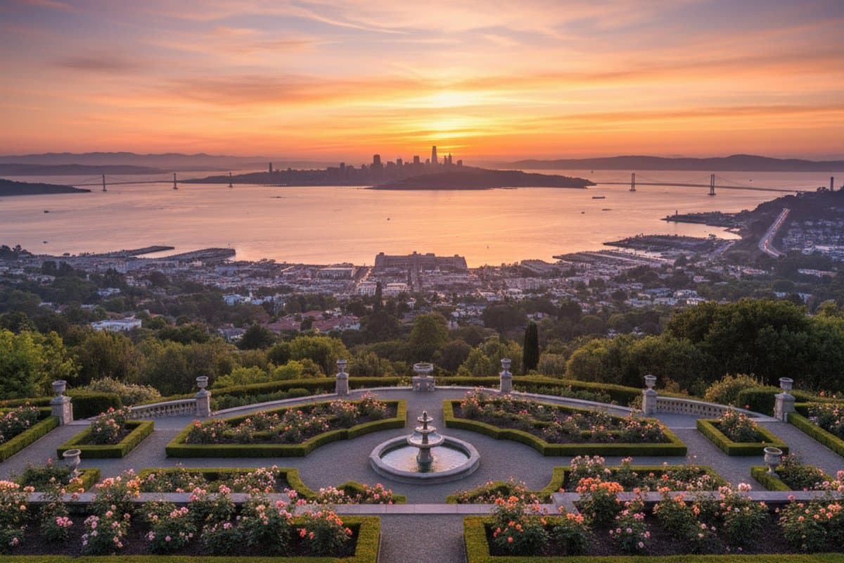 Hillsborough ridge panorama — full San Francisco Bay view
