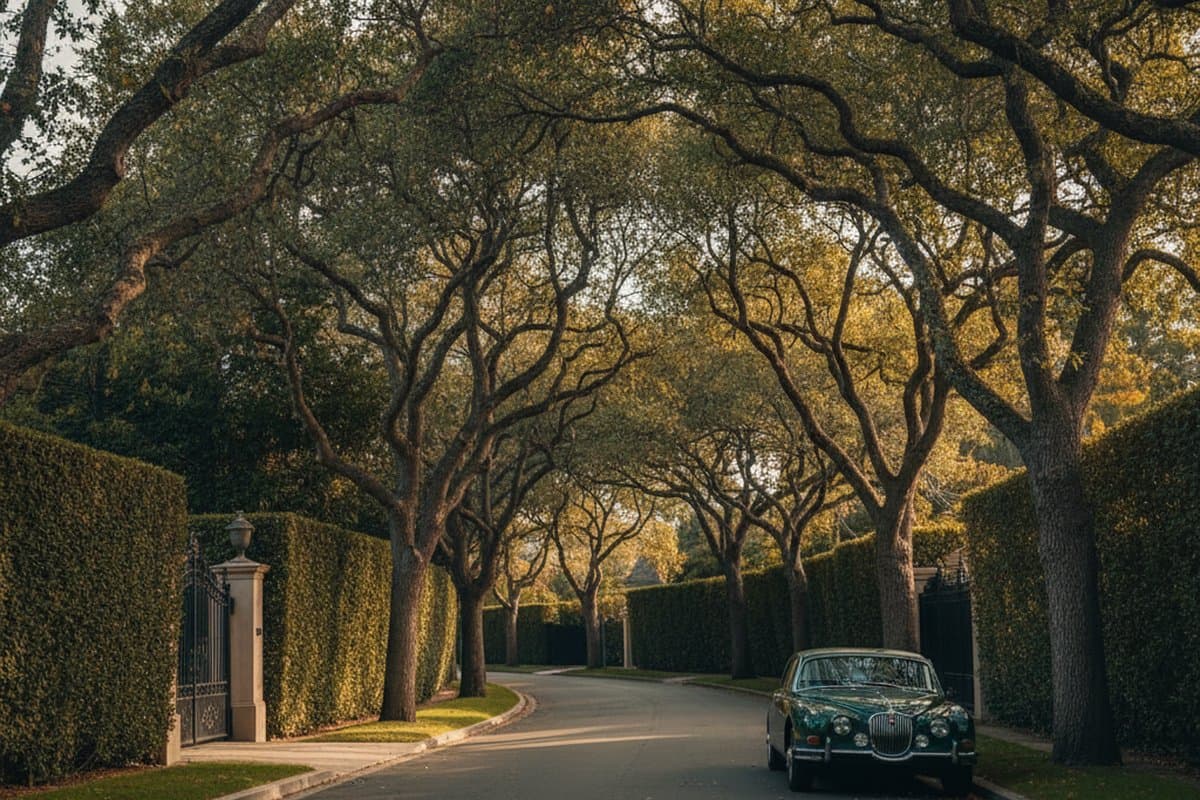 Hillsborough private lane — mature hedgerows and oak canopy