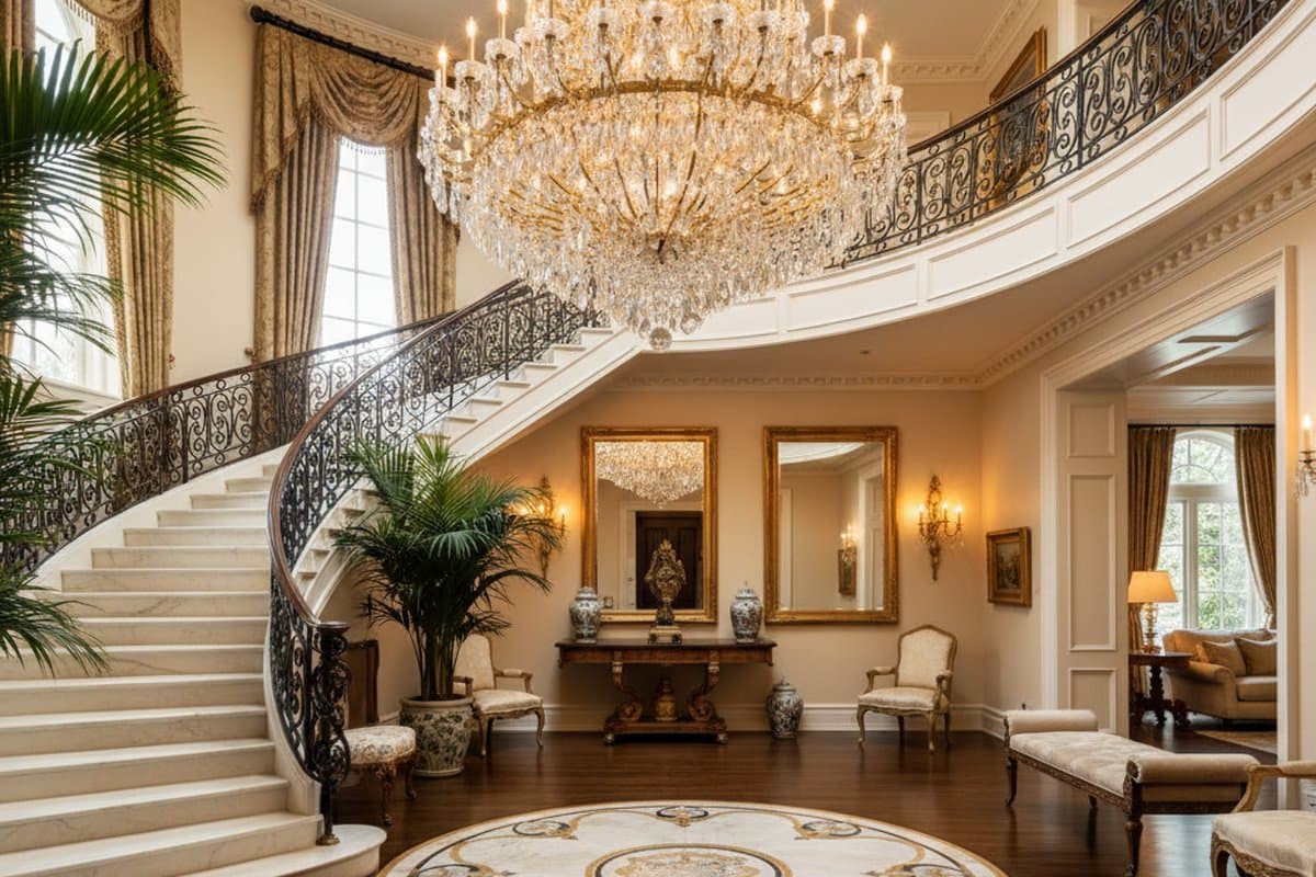 Hillsborough estate entry hall — curved staircase and crystal chandelier
