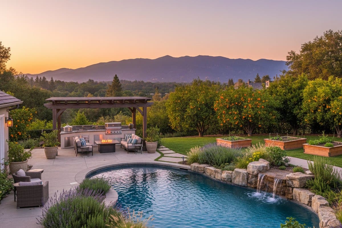 South Los Altos backyard with pool and fruit trees