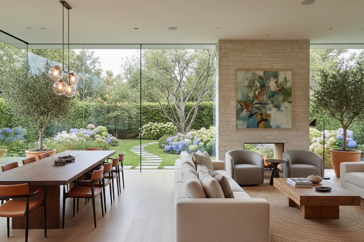 Menlo Park luxury interior — open plan with garden views