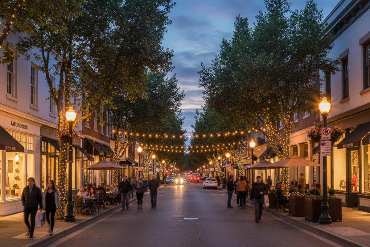 Downtown Palo Alto, University Avenue at dusk