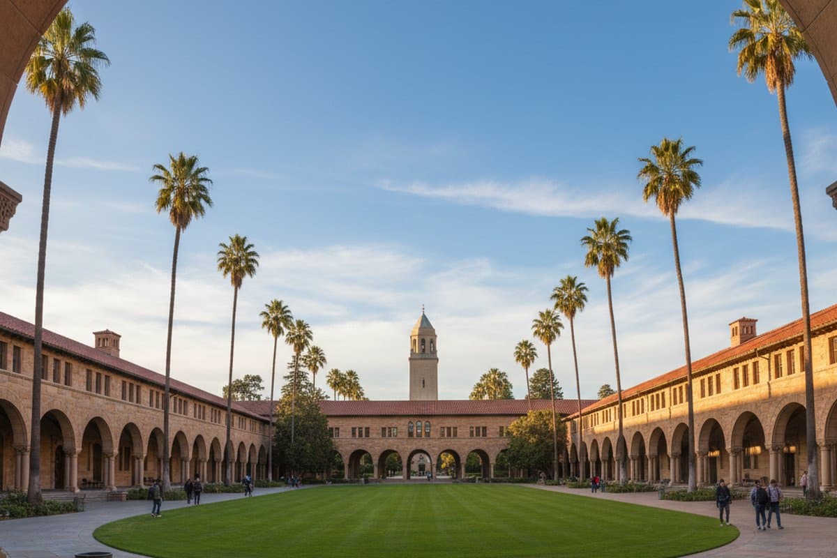 Stanford University main quad, arches and palm-lined drive