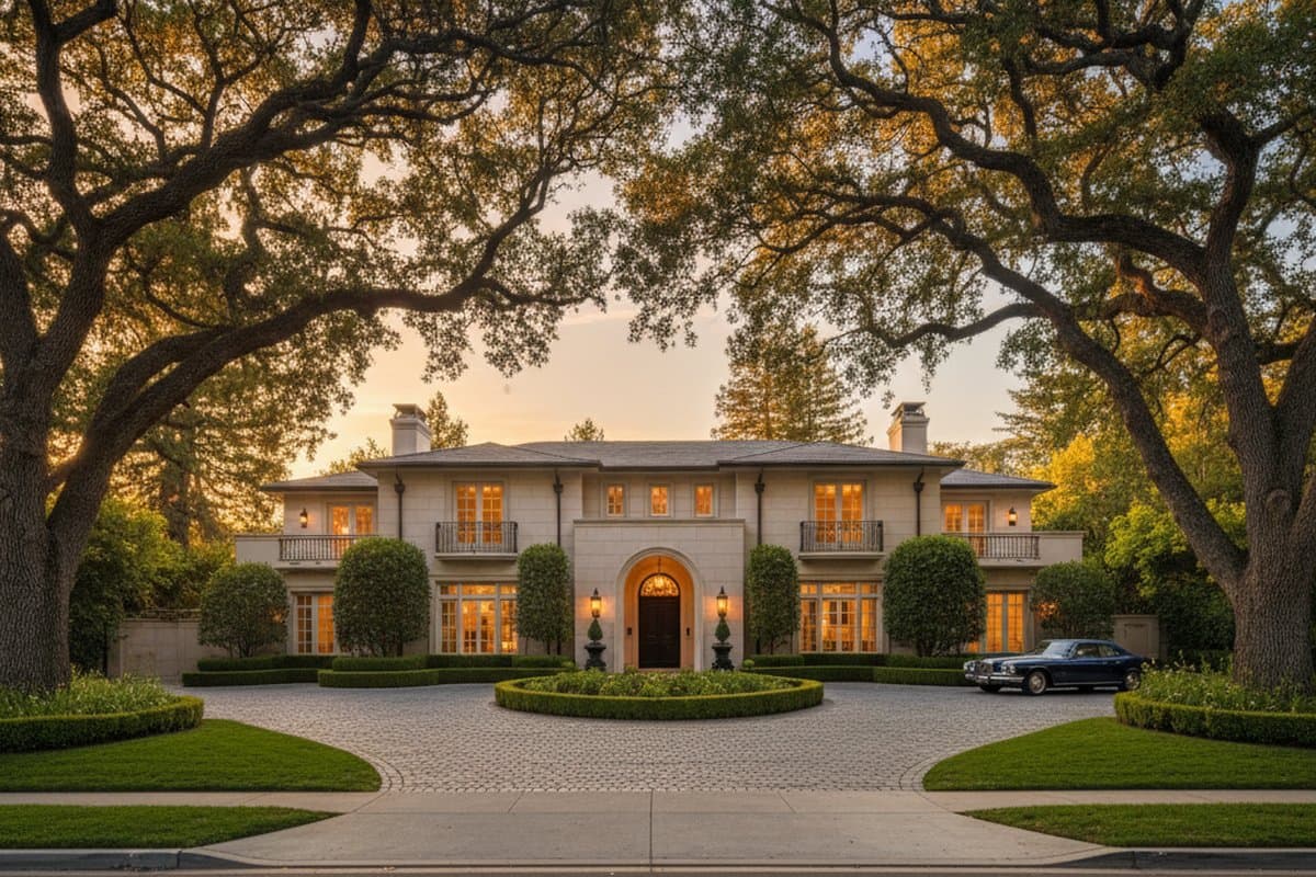 Crescent Park streetscape with mature oaks and manicured estates