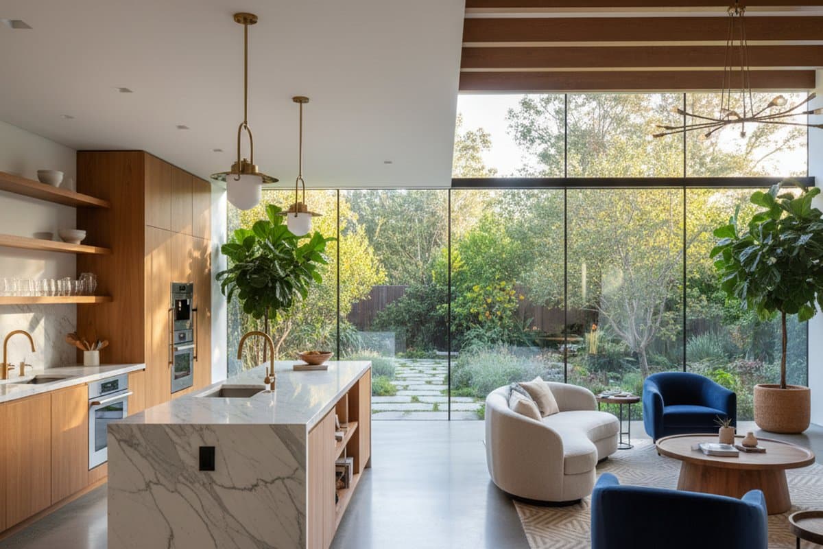 Palo Alto luxury home interior with floor-to-ceiling windows and garden views