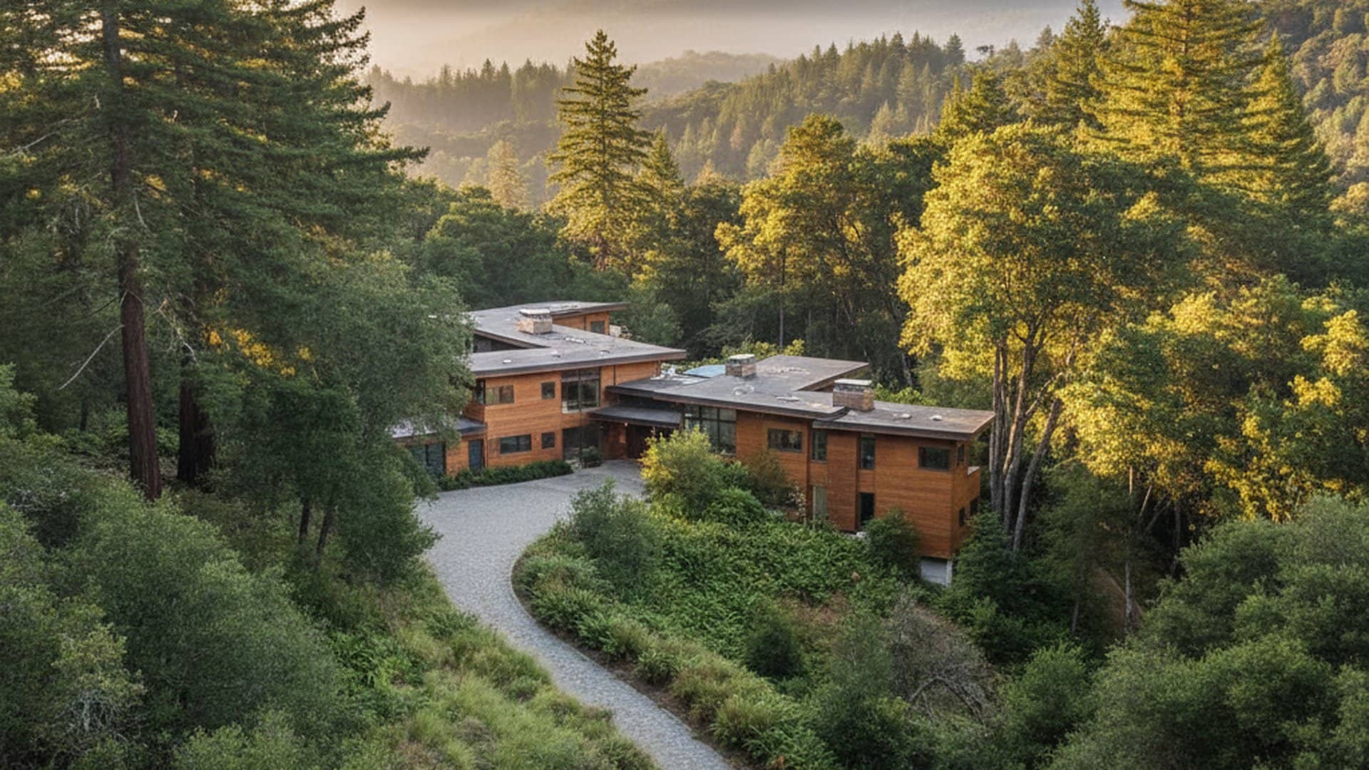 A Portola Valley modern timber home nestled in the redwoods — a winding drive and golden light
