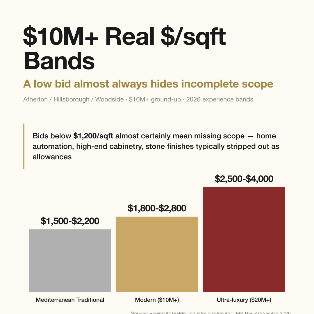 $10M+ Peninsula luxury ground-up realistic $/sqft bands: Mediterranean / Traditional $1,500-$2,200, Modern $1,800-$2,800, Ultra-luxury $2,500-$4,000