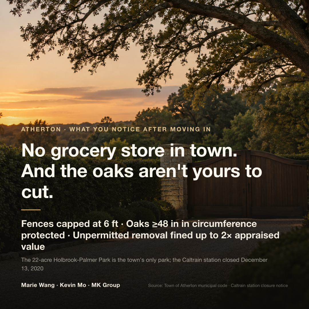 Atherton has no grocery store, caps fences at 6 feet, and protects any oak with a trunk circumference of 48 inches or more, with unpermitted removal fined at up to twice the tree's appraised value