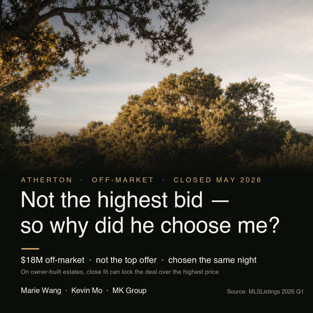 On an Atherton off-market estate the non-highest offer was chosen for fit: the fit-versus-price logic behind the sale