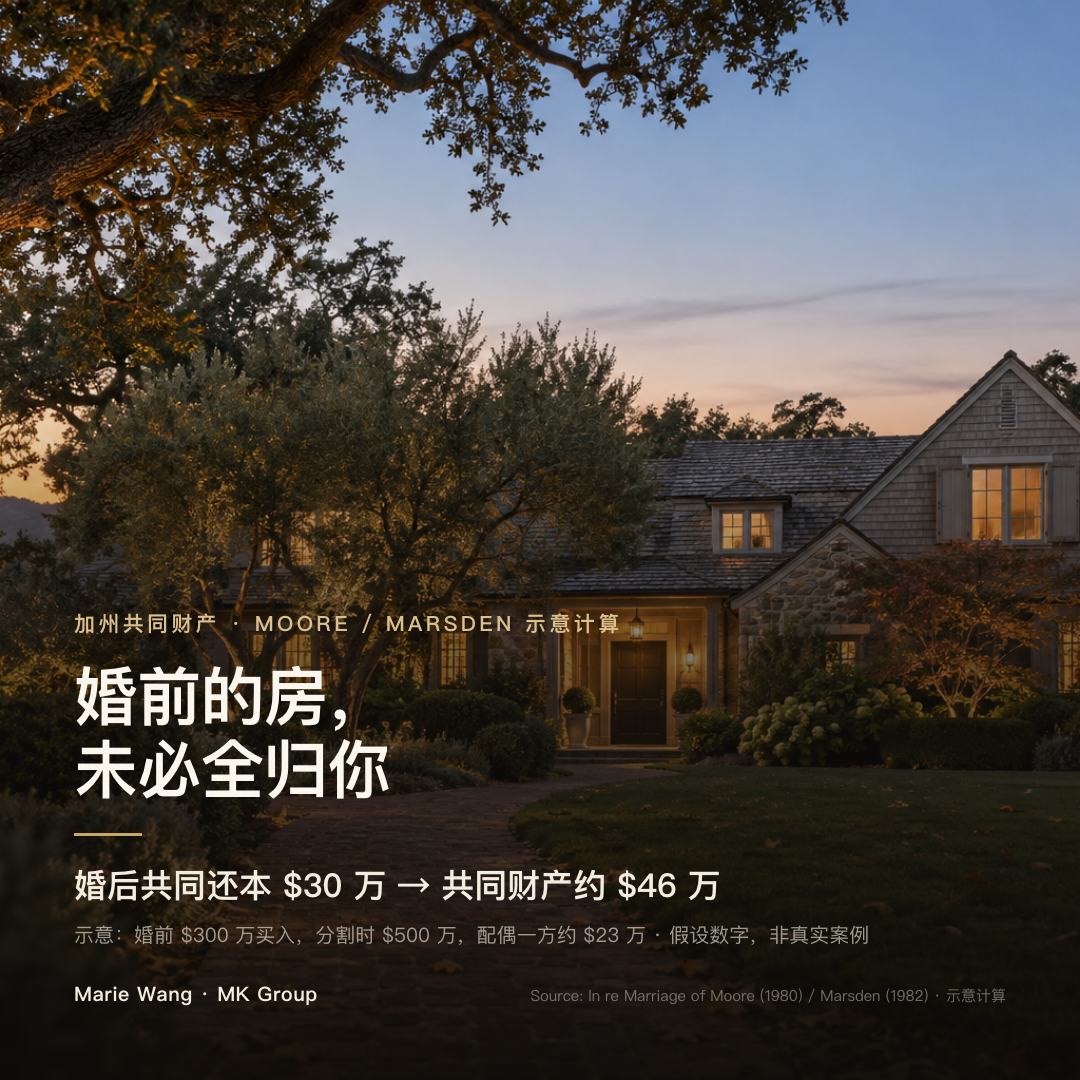 婚前房离婚分割示意计算：婚前 $300 万买入，婚后用夫妻收入还本金 $30 万，分割时房价 $500 万，共同财产部分约 $46 万，配偶一方约 $23 万（假设数字，非真实案例）