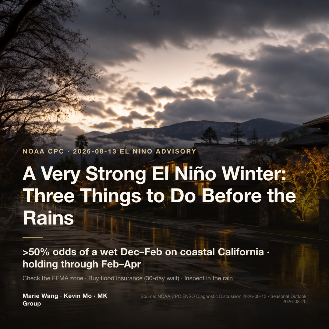 NOAA's 2026-08-13 El Niño Advisory: a greater than 90% chance of a very strong El Niño this winter, with coastal California's odds of a wetter-than-normal December through February raised above 50% and held there through February to April — and the three moves a Bay Area homeowner makes first: check the FEMA zone, buy flood coverage ahead of the 30-day waiting period, and inspect in the rain