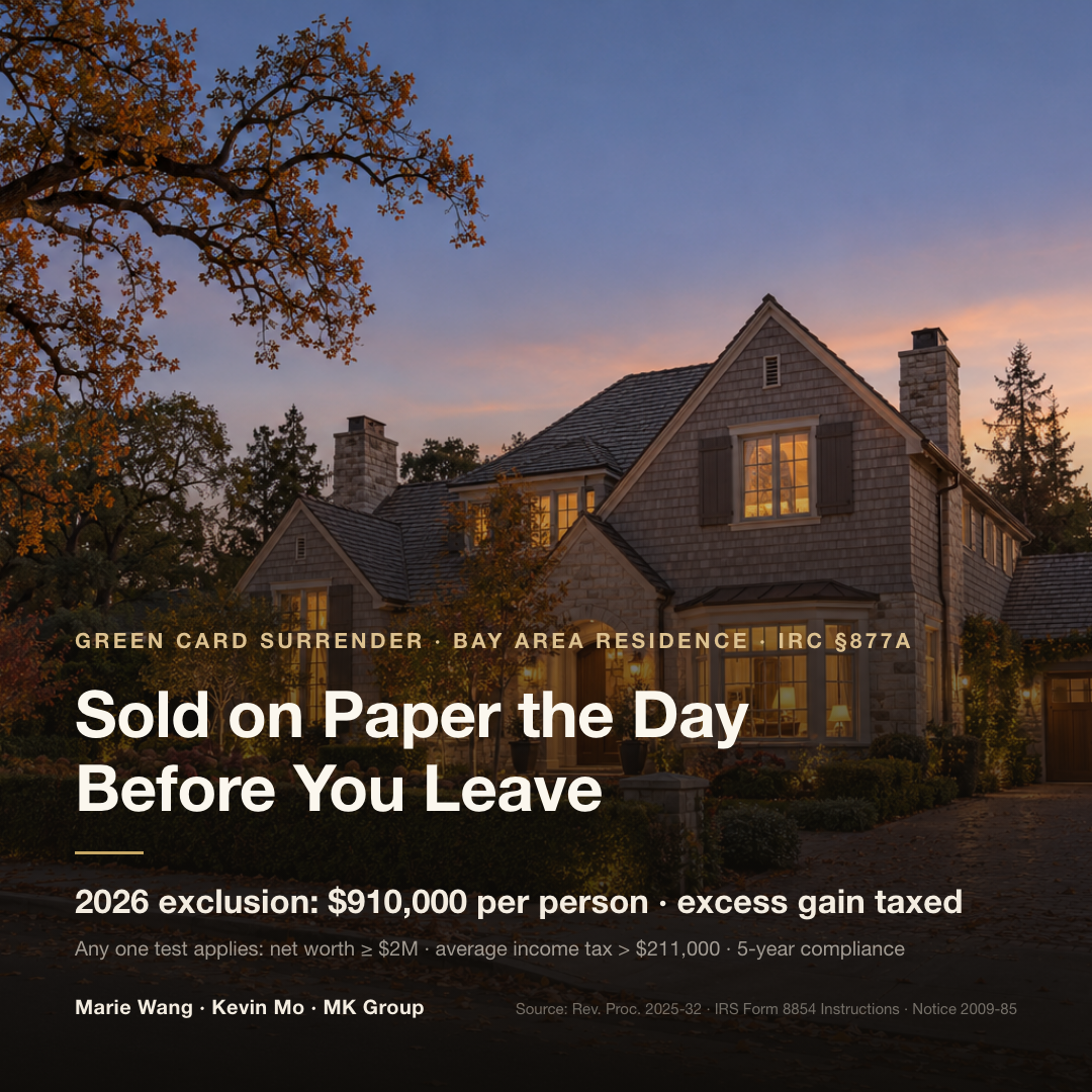 A long-term green card holder giving up status: as a covered expatriate, a Bay Area home is deemed sold at market value the day before expatriation, with a 2026 exclusion of $910,000 per person; the three tests are net worth of $2M, average federal income tax above $211,000 over 5 years, and 5-year compliance certification
