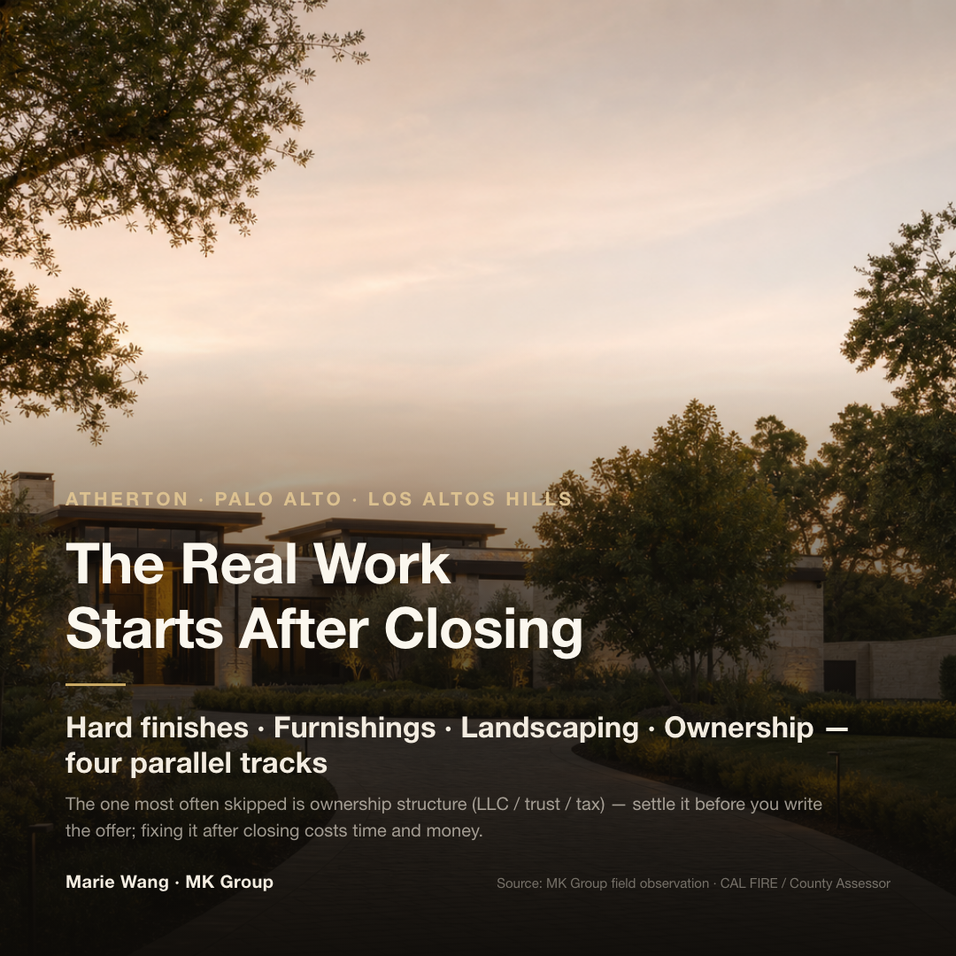 The four work streams after closing a $10M+ Silicon Valley home — hard finishes, furnishings, landscaping, ownership structure — and when each should start; ownership structure (LLC / trust / tax) is the one to settle before writing the offer, and the one most often skipped