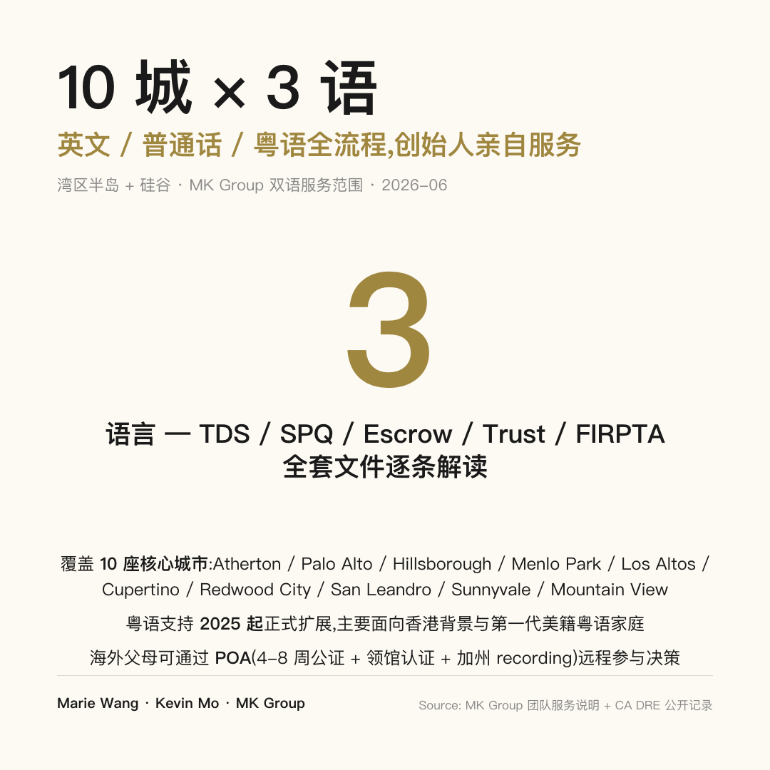 MK Group 双语服务范围：3 语全流程（英文 / 普通话 / 粤语），覆盖湾区半岛与硅谷 10 座核心城市