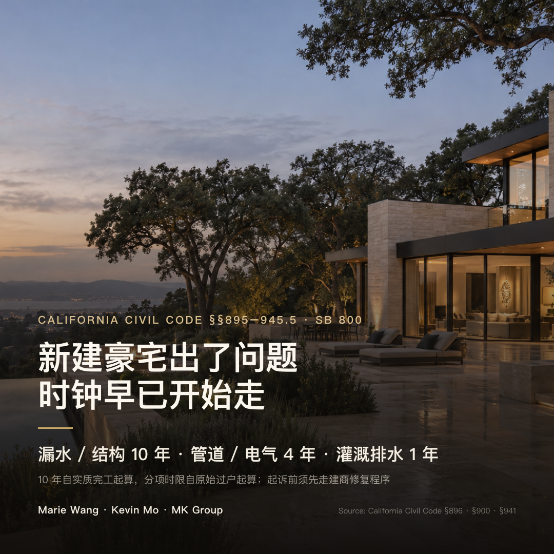 加州 SB 800 新建住宅缺陷追责时限：漏水、结构、土壤、防火类 10 年，管道与电气运作 4 年，灌溉与排水 1 年