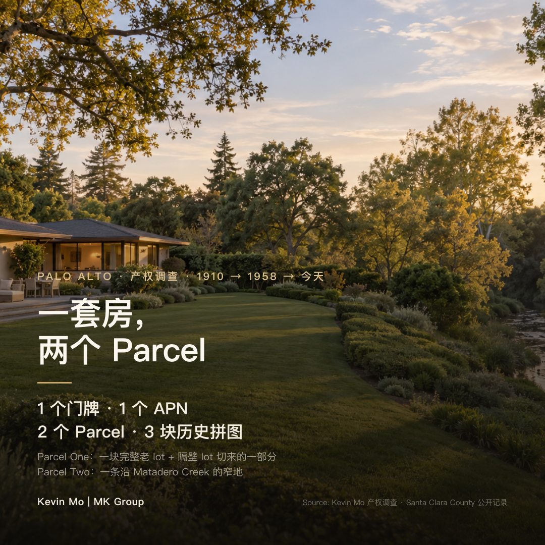 Palo Alto 一套独栋的产权结构：一个门牌、一个 APN，产权文件上却是两个 Parcel——Parcel One 是一块完整老 lot 加隔壁 lot 切来的一部分，Parcel Two 是一条贴着 Matadero Creek 的窄地，合计三块历史拼图