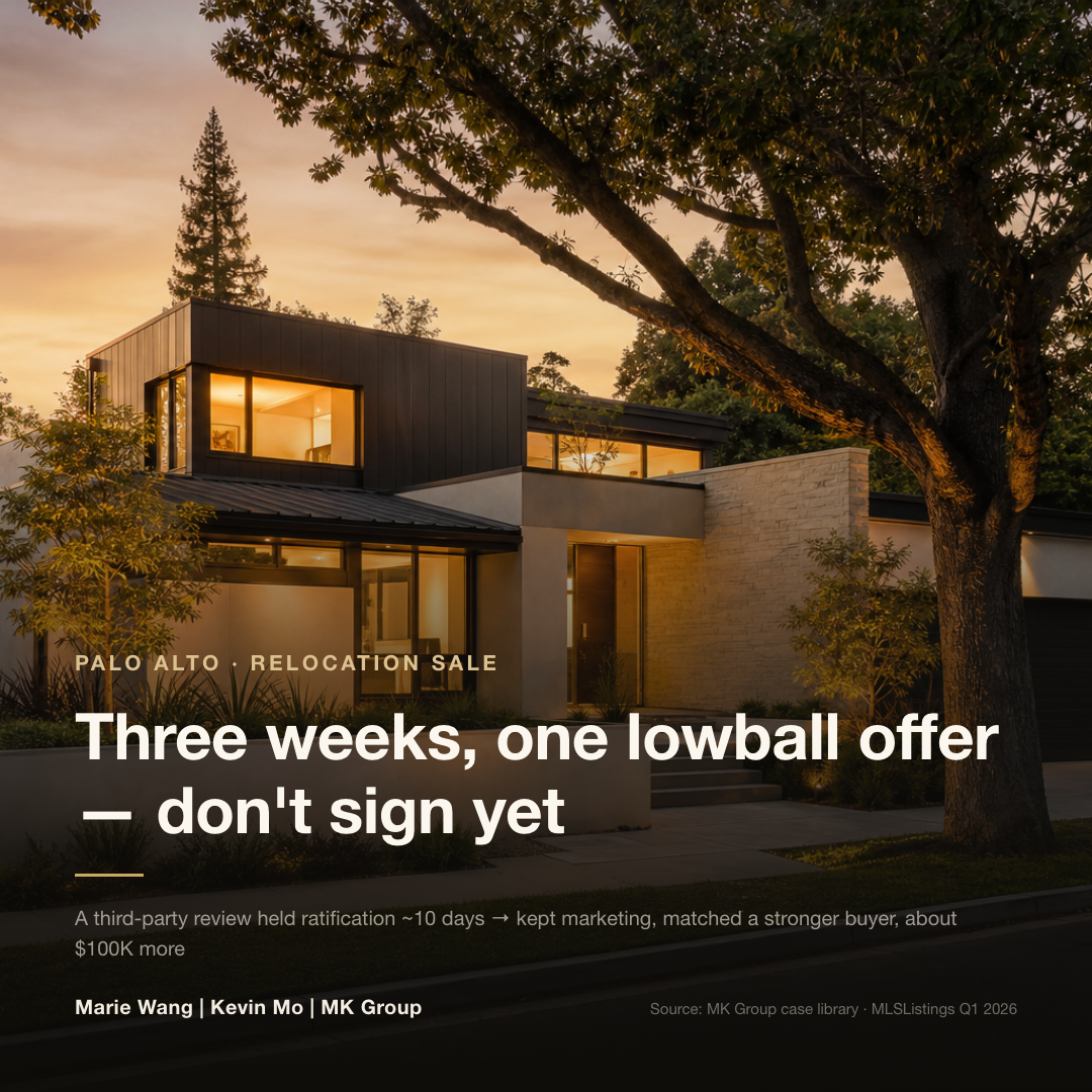 Relocation forced-sale window: a third-party relocation company's review holds ratification for about ten days; the team keeps marketing and matches a stronger buyer, lifting the price about $100K above the original lowball offer