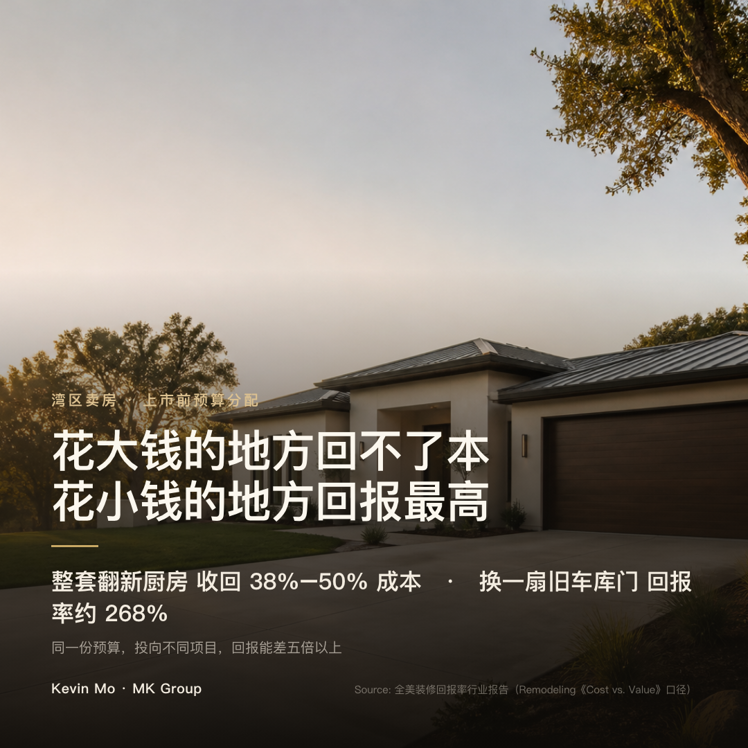 上市前装修预算的回报对比：整套翻新厨房只收回 38%–50% 成本，而更换一扇旧车库门花不到 $5,000、回报率约 268%